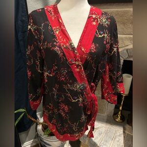 Soma Black & Red Floral Wrap Robe Silk and Cotton Blend XS-M Tunic length